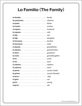 free printable spanish vocabulary lists
